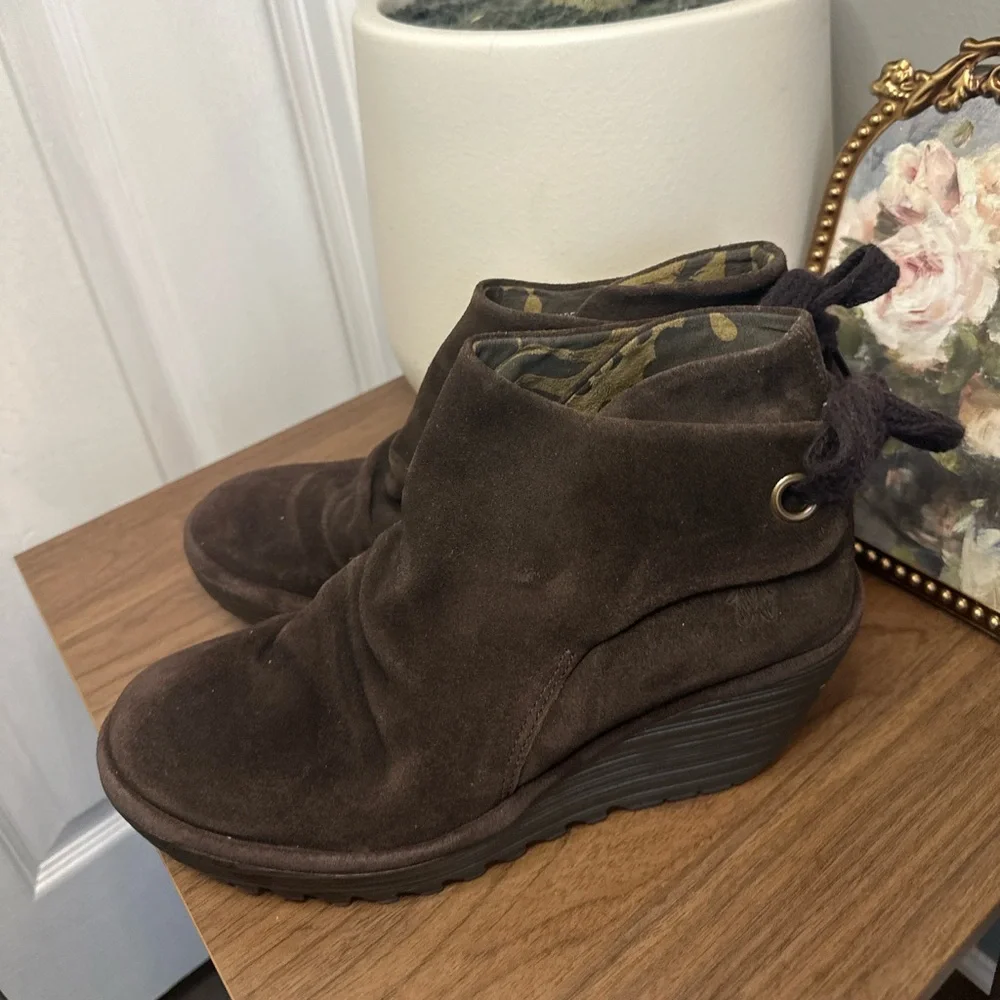 Fly London Brown Suede Wedge Ankle Boots Lace Up Boho EU 39